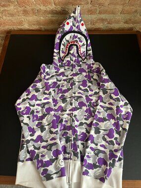 A Bathing Ape (BAPE) Purple Camo Shark Full Zip Hoodie Men's Small